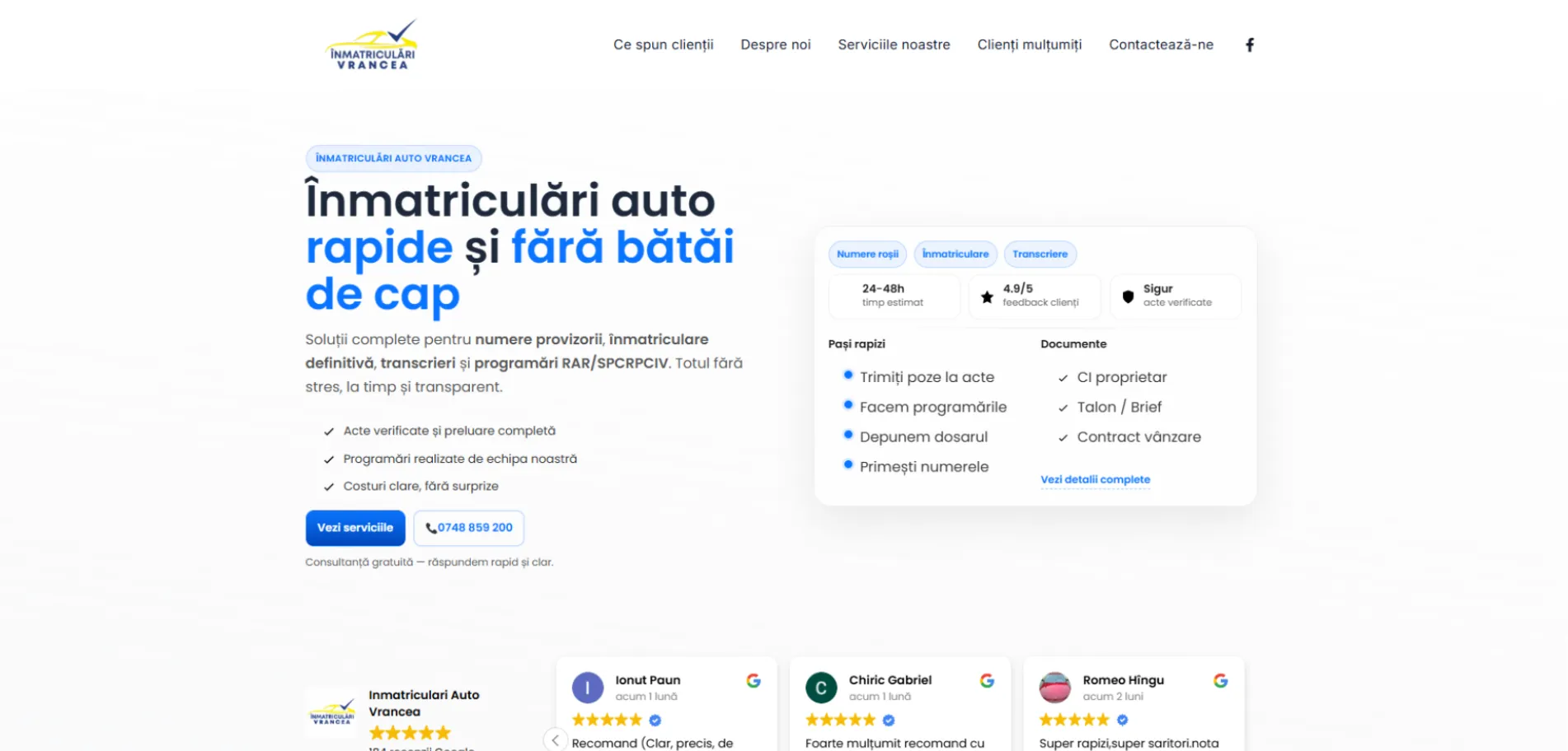 Creare site servicii auto - Înmatriculări Vrancea