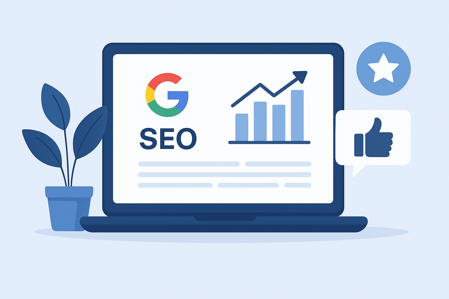 Ilustrație abstractă premium care reprezintă prezența online și creșterea digitală, cu simboluri SEO, rețele sociale și conexiuni globale, pe fundal gradient modern.