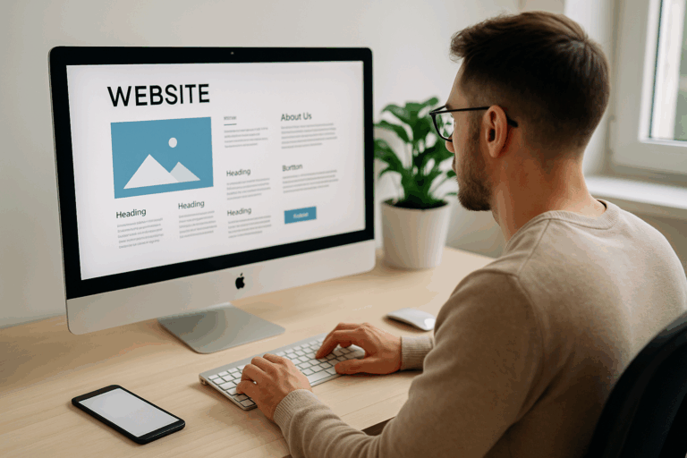 Designer web lucrând la un iMac într-un birou modern, creând layout pentru un website modern și responsive, cu lumina naturală și plantă decorativă în fundal.