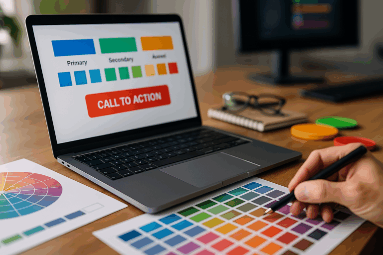 Psihologia culorilor în web design și marketing – paletă de culori pe laptop într-un mediu de lucru modern