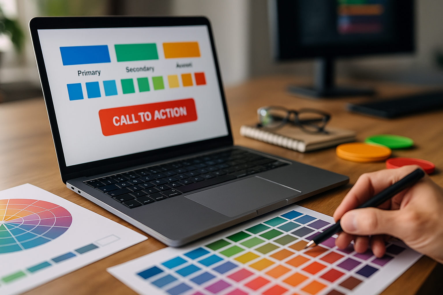 Psihologia culorilor în web design și marketing – paletă de culori pe laptop într-un mediu de lucru modern