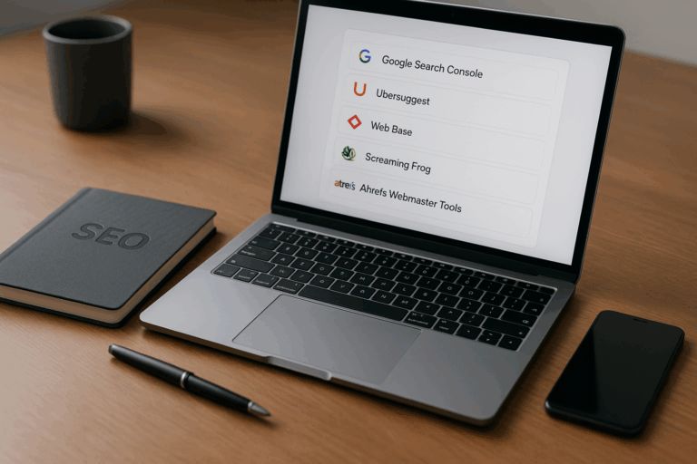 Laptop pe un birou cu lista Top 5 instrumente gratuite pentru SEO în România afișată pe ecran, alături de un carnețel pe care scrie SEO, smartphone și stilou.