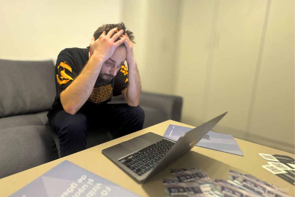 Tânăr stresat în fața laptopului în timp ce creează reclame, ilustrând dificultățile la început în marketing online.