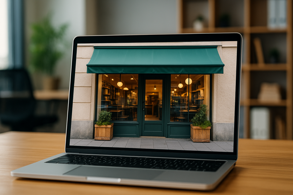 Laptop care afișează un site pentru afaceri locale, reprezentând un magazin de stradă modern