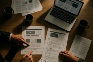 agenție web design : două persoane analizează machete web pe laptop și hârtie, cu documente și cafele pe birou, lumină dramatică laterală.