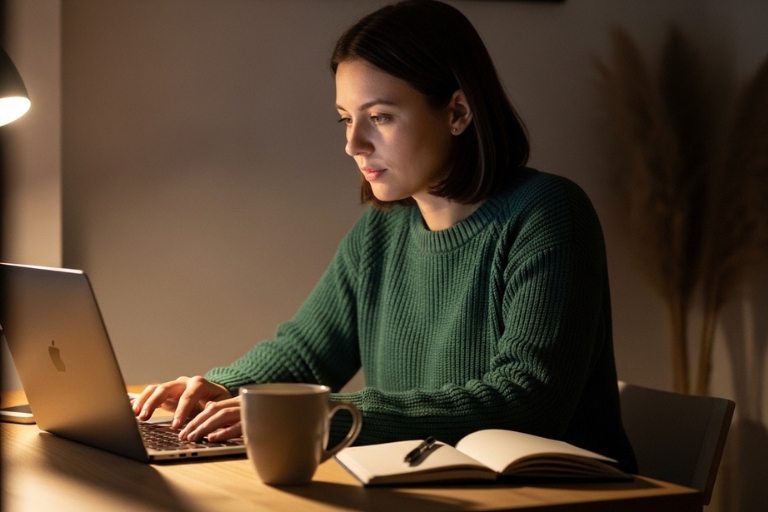 Antreprenor care verifică rezultatele SEO on-page ale site-ului său pe laptop