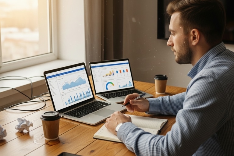 Ilustrație despre cum să măsori ROI-ul în marketingul online — om de afaceri cu lupă analizând grafice și diagrame