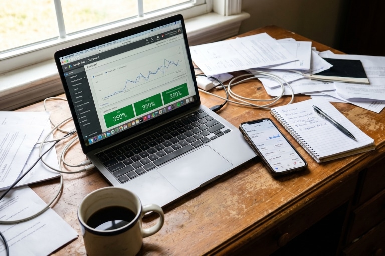 Laptop cu dashboard Google Ads și telefon cu statistici de campanie, ilustrând ce înseamnă ROI în marketing digital
