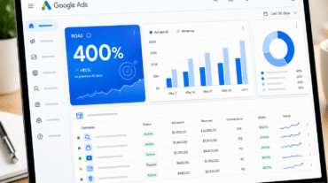 Pagină web cu raport ROAS Google Ads, grafic bare și metrici campanie publicitară