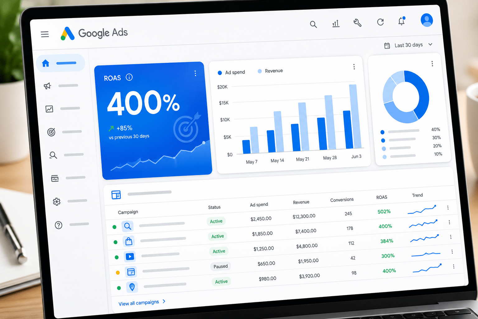 Pagină web cu raport ROAS Google Ads, grafic bare și metrici campanie publicitară