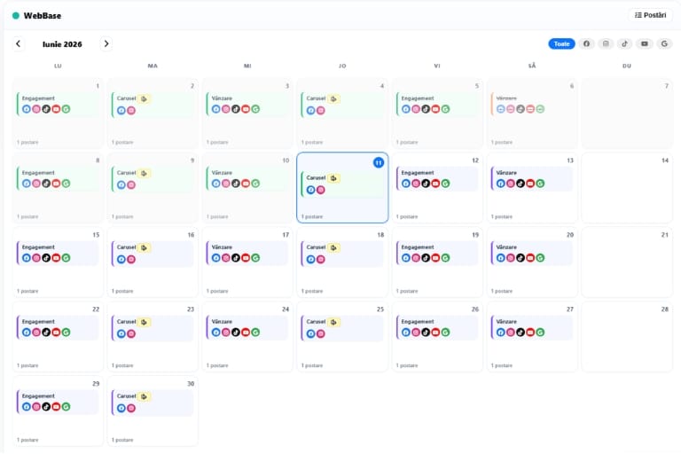 Calendar editorial social media pentru luna iunie 2026, creat în platforma WebBase